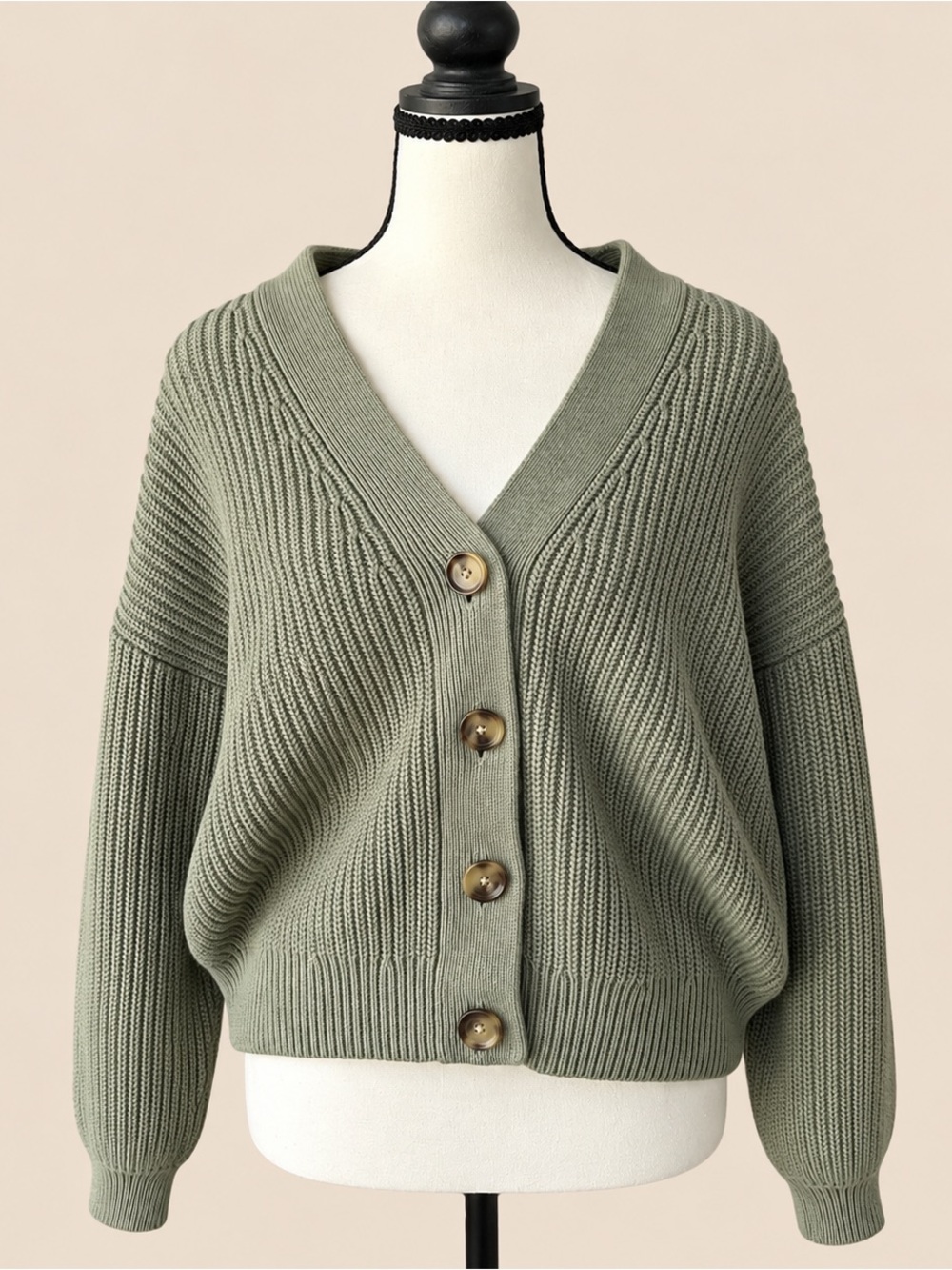 100% Cotton Ribbed Sage Green Slouchy Knit Cardigan L